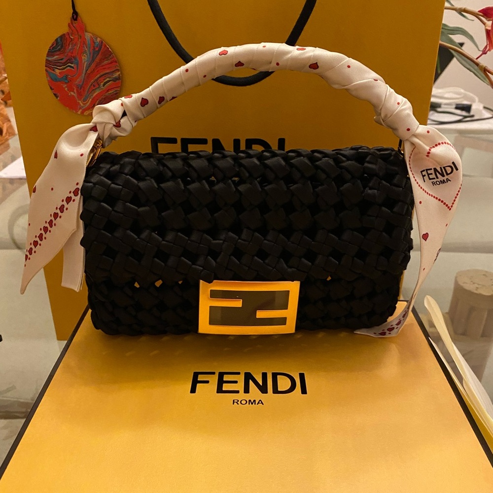 Authentic Fendi Mini Baguette Raso (Satin / Silk) Intreccio Nodo Quadrc Black